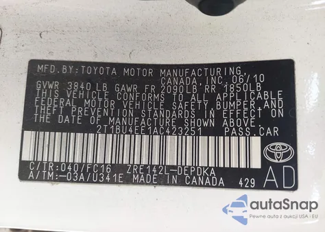 2010 Toyota Corolla Le from USA, damaged, VIN 2T1BU4EE1AC423251